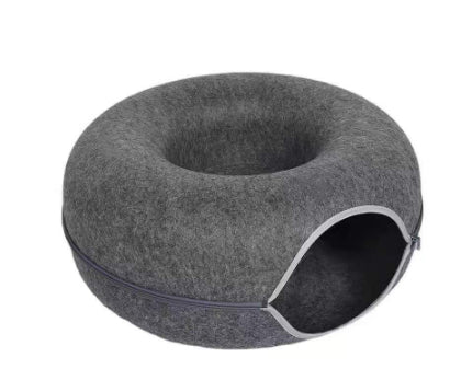 Gray felt cat tunnel bed, cozy pet cave made of natural felt material, ideal for cat relaxation and play.