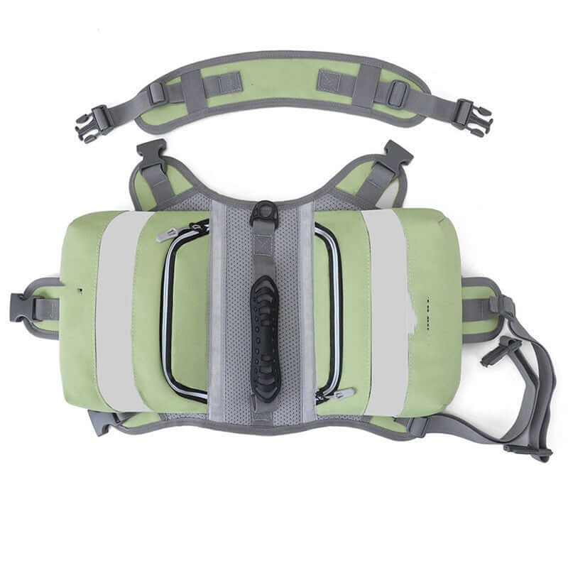 Large dog hiking backpack in light green color with adjustable straps and storage compartments.