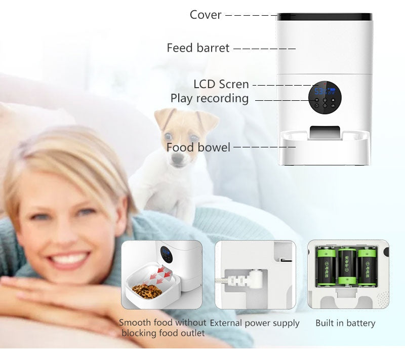 WiFi automatic pet feeder features LCD screen, food bowl, and built-in battery for cats and dogs.