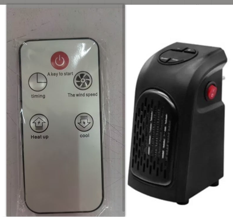 PTC ceramic space heater control panel and heater unit with adjustable settings for temperature and wind speed.