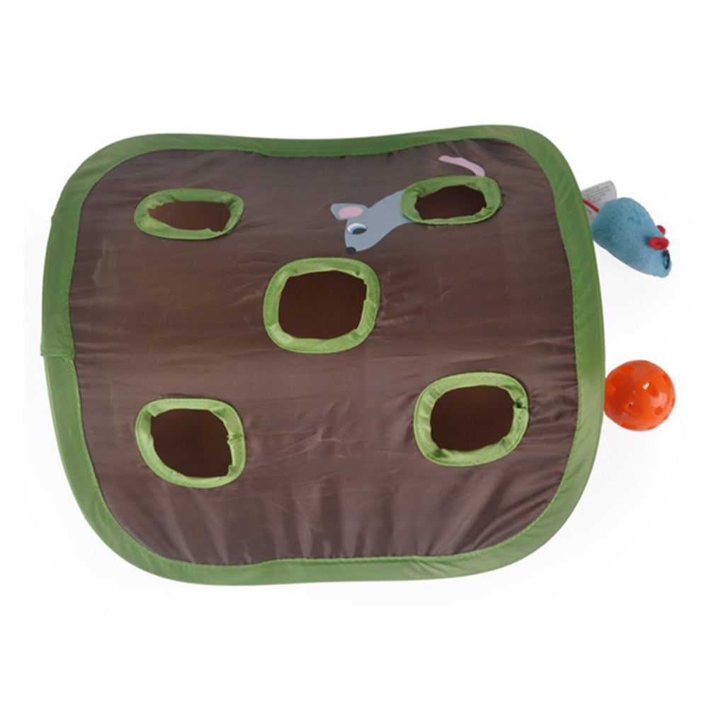 Interactive cat hide and seek toy featuring nine holes with a mouse and ball for playful cat engagement.