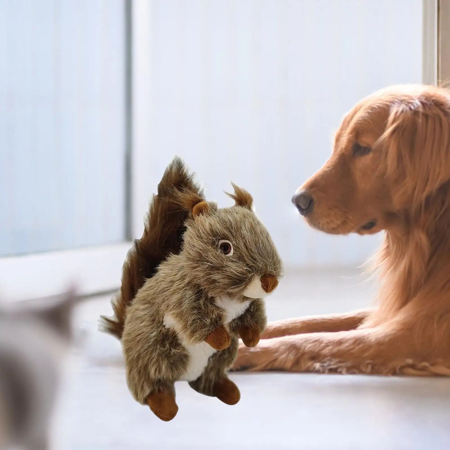 Squirrel squeaky dog toy for dogs, plush toy with a realistic squirrel design, perfect for engaging play.