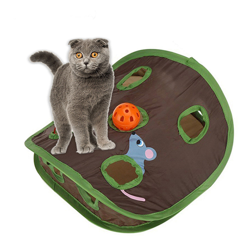 Interactive cat hide and seek toy with a playful gray cat enjoying its nine holes and a hidden ball.