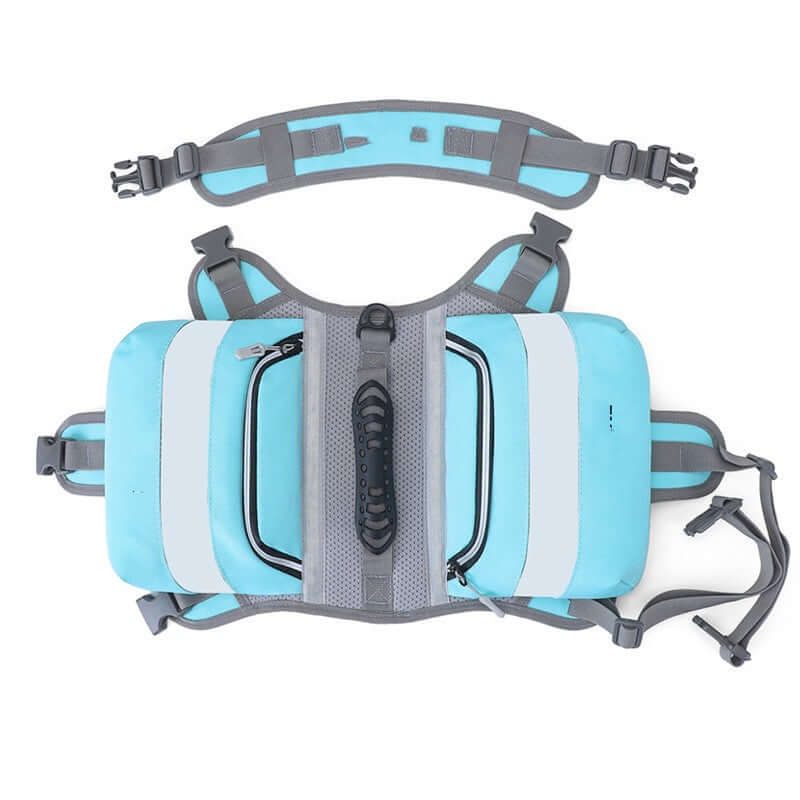 Large dog hiking backpack in blue with reflective stripes, designed for outdoor adventures with pets.