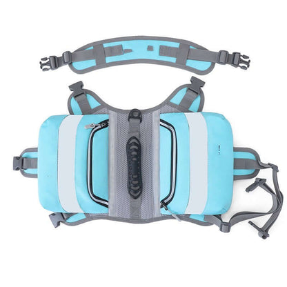 Large dog hiking backpack in blue with reflective stripes, designed for outdoor adventures with pets.