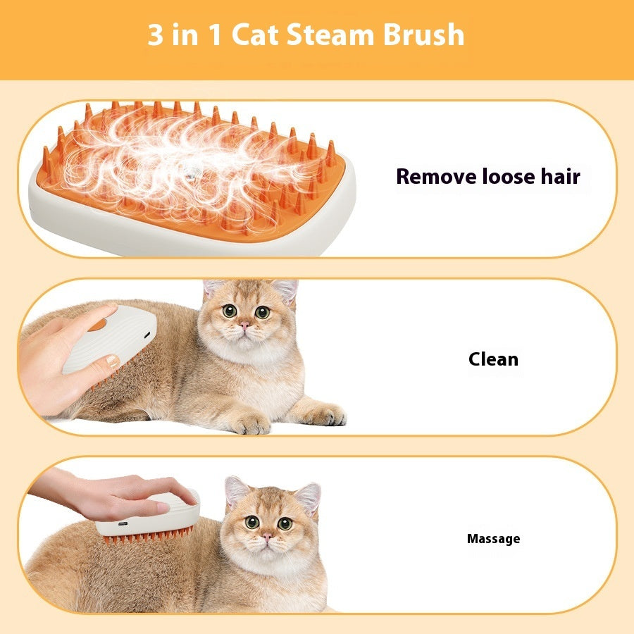 3 in 1 Cat Steam Brush for removing loose hair, cleaning, and massaging your cat with steam pet grooming brush features.