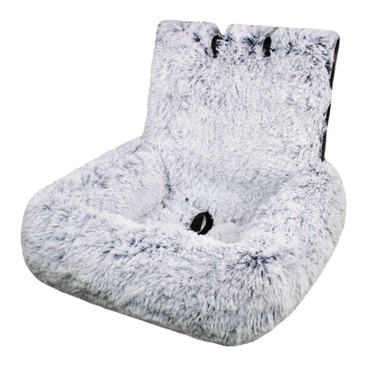 Washable dog car seat bed in plush gray fabric, designed for comfort and convenience in travel.