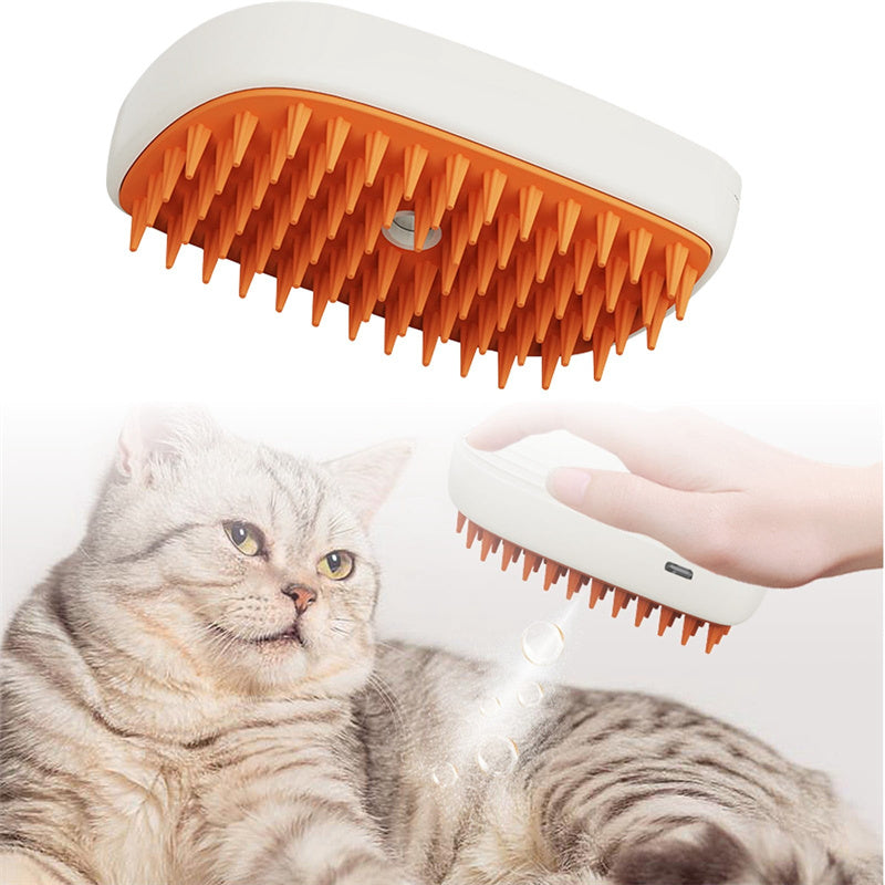 USB rechargeable steam pet grooming brush for gentle grooming and relieving stress in cats.