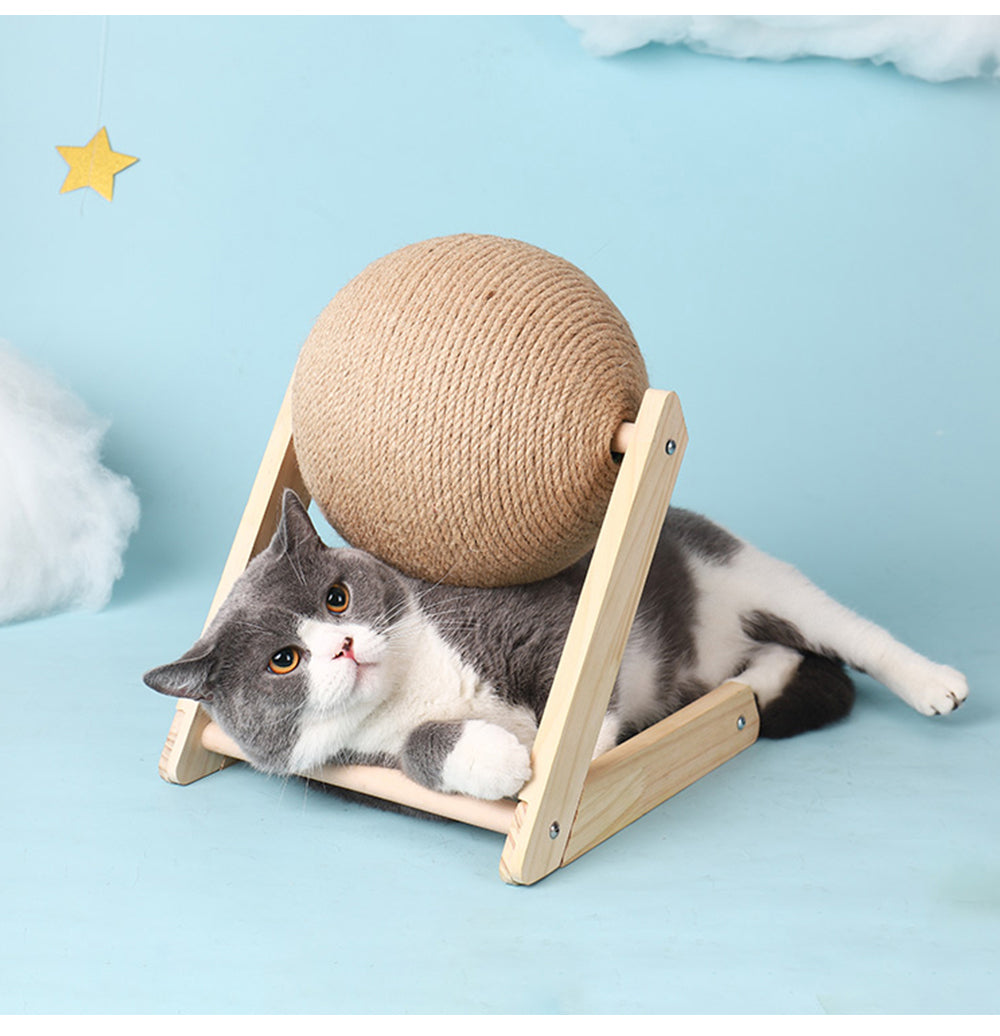Sisal vertical cat toy featuring a cat playing with a round sisal ball on a wooden stand, promoting feline activity.