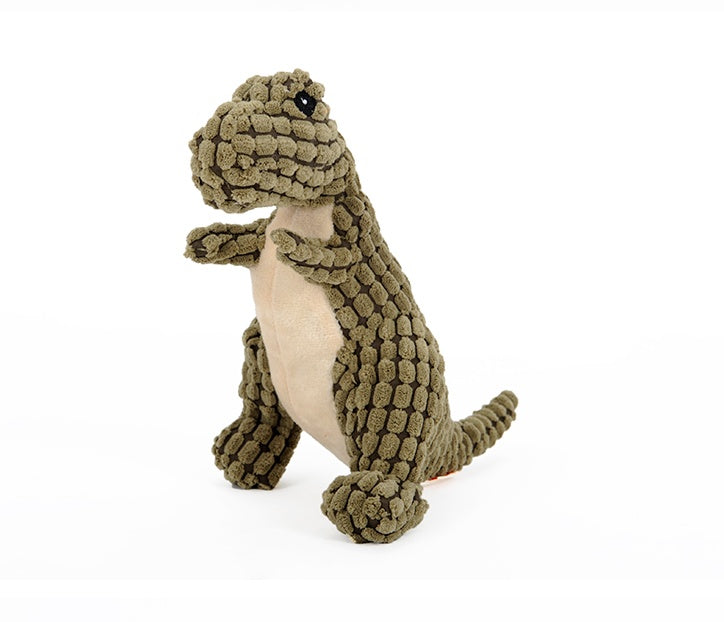 Close-up of a person squeezing a soft dinosaur squeaky dog toy in orange color.