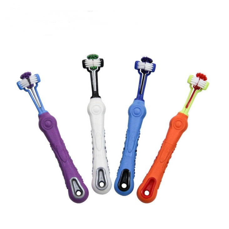 Three sided pet toothbrush set for effective dog dental care and bad breath prevention.