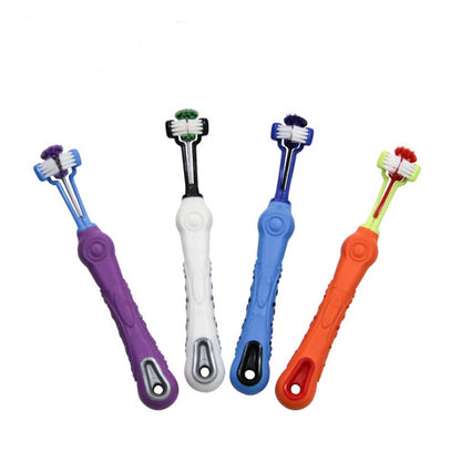 Three sided pet toothbrush set for effective dog dental care and bad breath prevention.