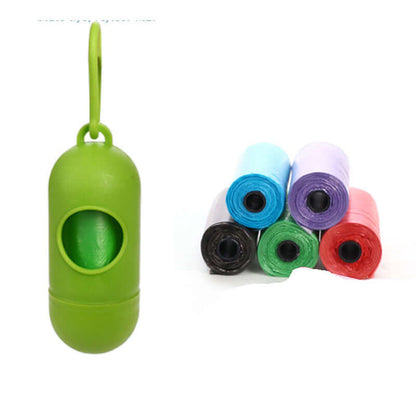 Pet Trash Bag Dog Poop Bags For Waste Refuse Cleanup in green holder with multi-colored rolls.
