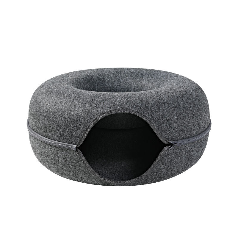 Two playful cats interacting with a 2-in-1 felt cat tunnel bed in stylish grey felt.