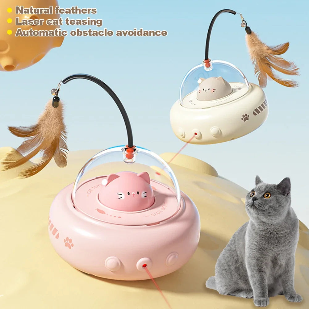 Electric cat teaser toy with natural feathers and laser for interactive play, features automatic obstacle avoidance.