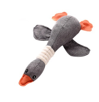 Interactive plush squeaky dog toy designed like a cute gray duck with squeaker for playful dogs.