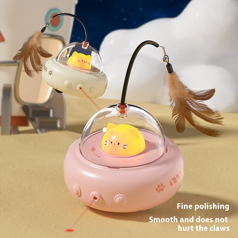 Electric cat teaser toy with natural feathers and laser for interactive play, features automatic obstacle avoidance.