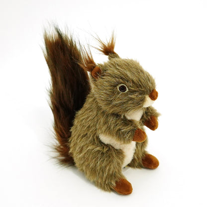 Squirrel squeaky dog toy made of plush material, designed for interactive play with dogs, showcasing a cartoonish squirrel design.