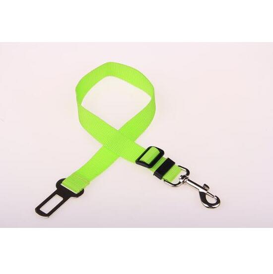 Fluffy white dog wearing a pink harness, enjoying the outdoors, promoting safety with a pet car seat belt leash.