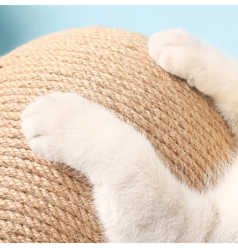 Sisal vertical cat toy featuring a cat playing with a round sisal ball on a wooden stand, promoting feline activity.