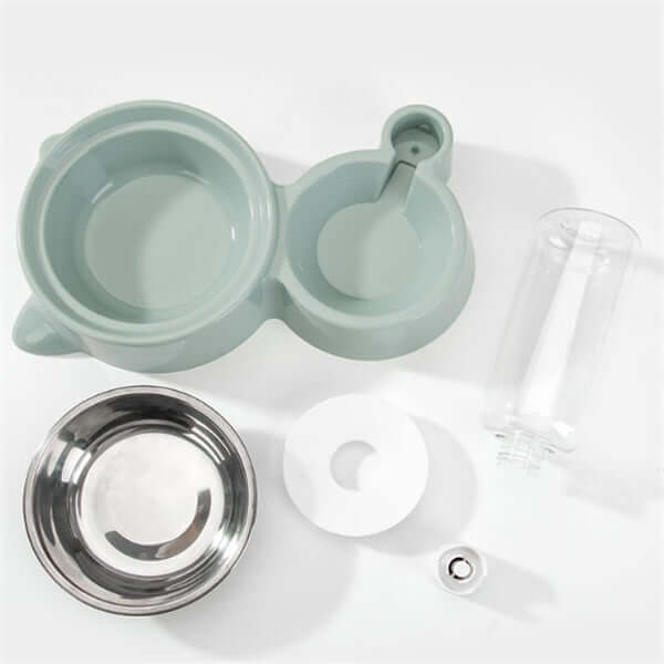 Automatic dog water bowl parts including stainless steel bowl and plastic components in various colors.
