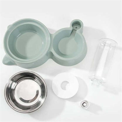 Automatic dog water bowl parts including stainless steel bowl and plastic components in various colors.