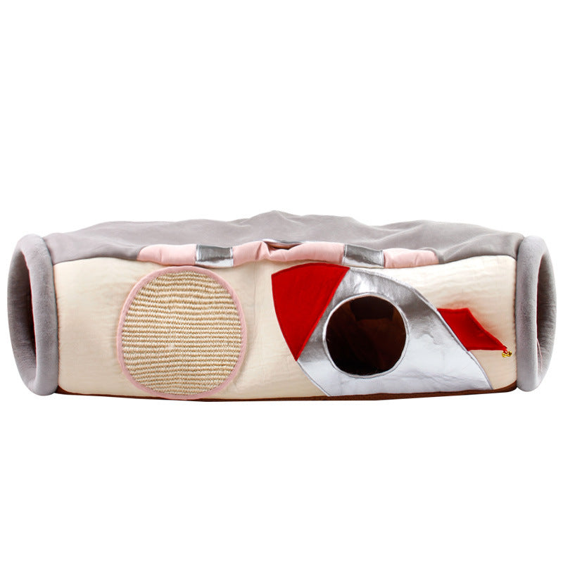 Foldable cat tunnel bed in soft fabric with scratch surface and viewing holes for pets.