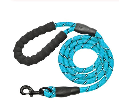 Person walking a dog on a reflective nylon dog leash in a forested area.