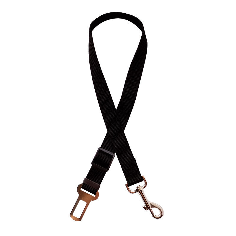Golden retriever in adjustable pet safety seat belt attached to car seat for secure travel.