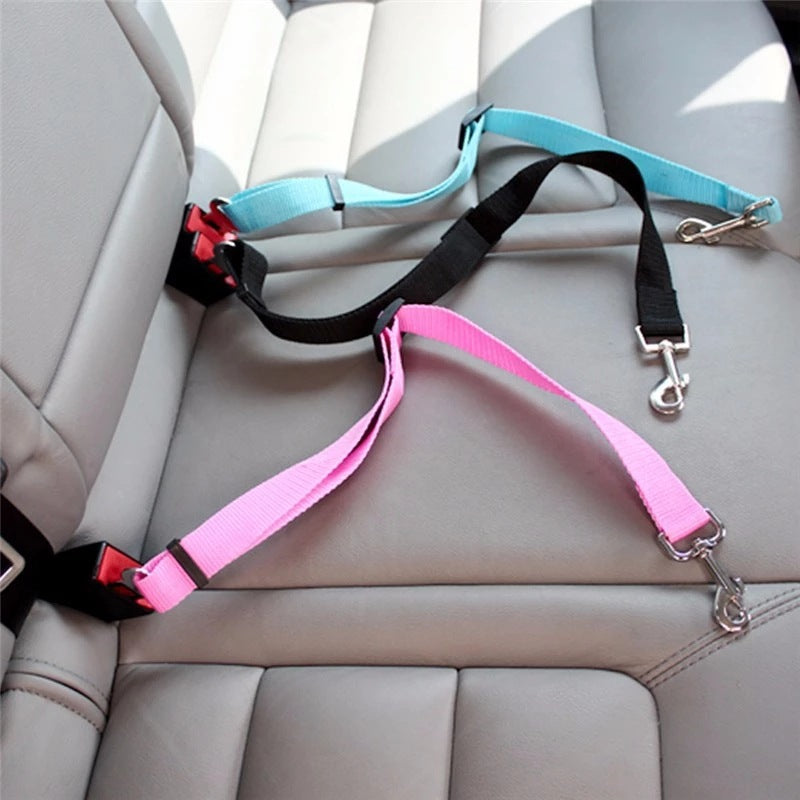 Golden retriever in adjustable pet safety seat belt attached to car seat for secure travel.