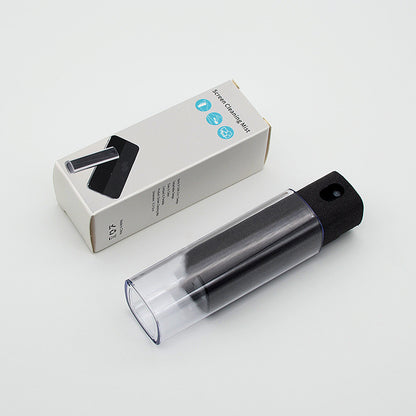 Portable mobile phone screen cleaner set in use, featuring microfiber wipe and cleaning fluid in a compact design.