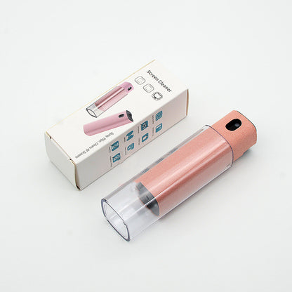 Portable mobile phone screen cleaner set in use, featuring microfiber wipe and cleaning fluid in a compact design.