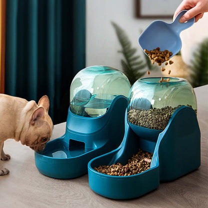 Automatic pet water fountain with food dispenser, featuring two bowls and a French Bulldog nearby.