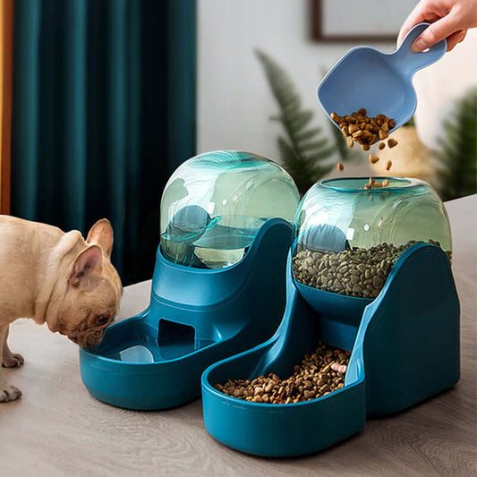Automatic pet water fountain with food dispenser, featuring two bowls and a French Bulldog nearby.