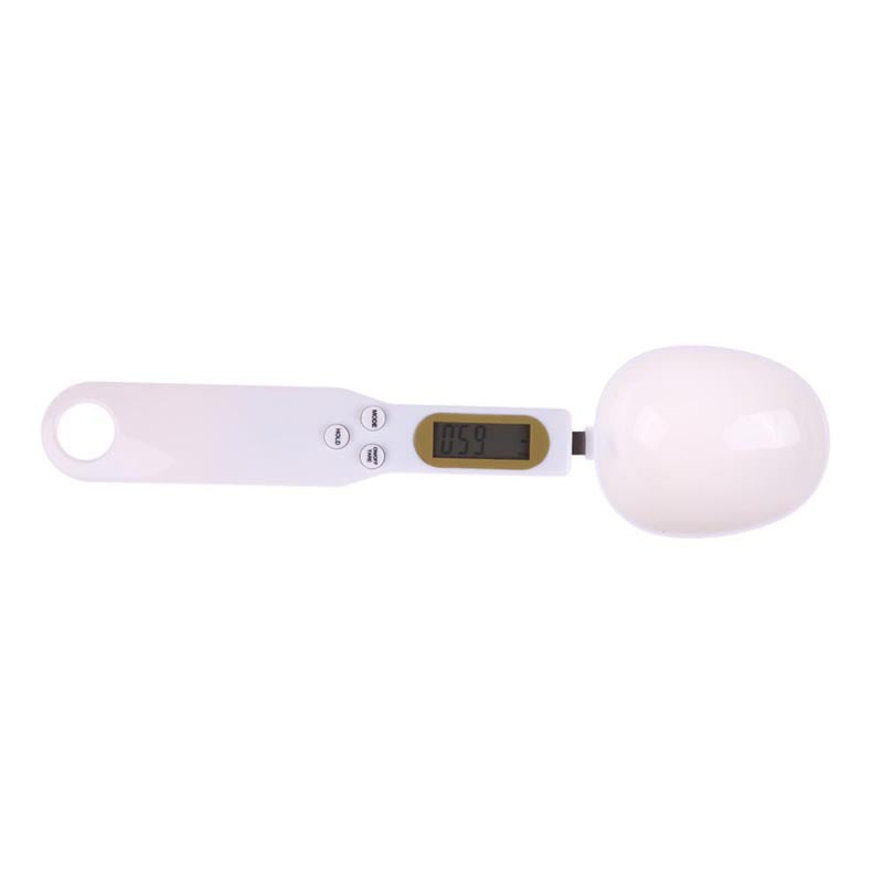 LCD digital kitchen scale with LCD display showing internal mechanism and removable battery cover.