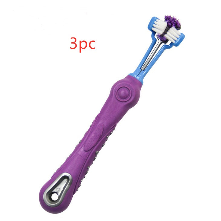 Three sided pet toothbrush set for effective dog dental care and bad breath prevention.