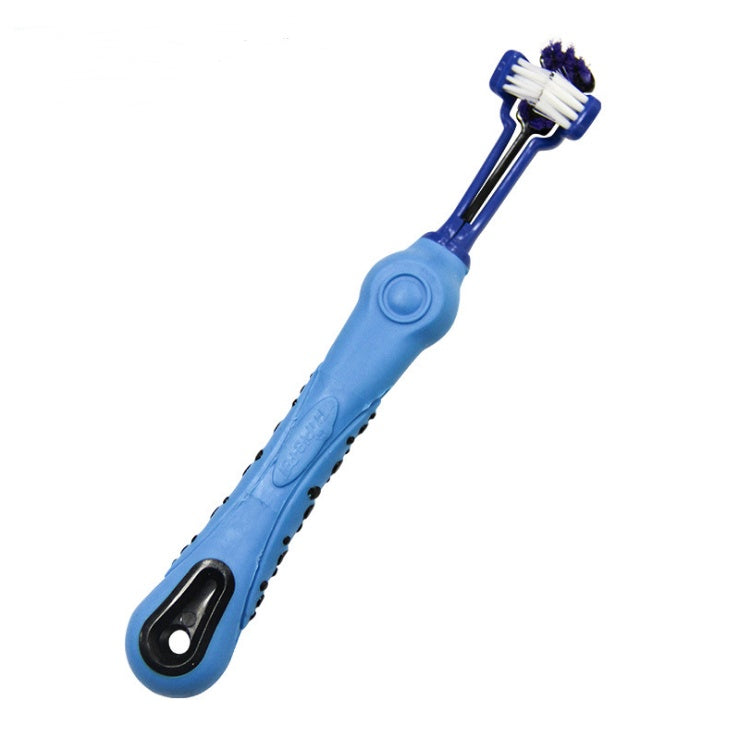 Three sided pet toothbrush set for effective dog dental care and bad breath prevention.