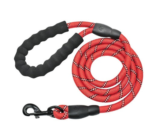 Person walking a dog on a reflective nylon dog leash in a forested area.