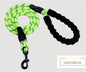 Person walking a dog on a reflective nylon dog leash in a forested area.