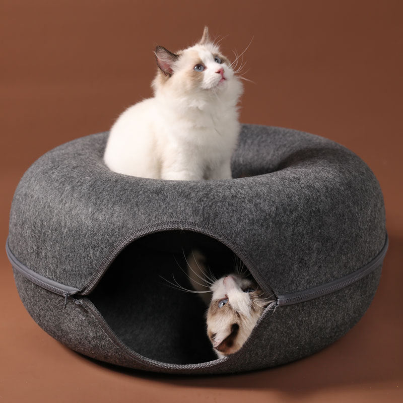 Two cats playing with a 2-in-1 felt cat tunnel bed, showing the interactive design of the grey felt cat nest.