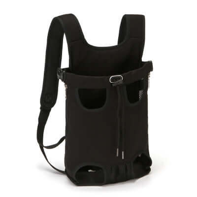Black dog carrier sling designed for comfort and safety, featuring multiple pockets and adjustable straps for pets.