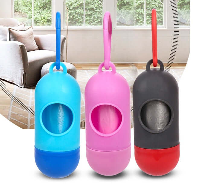 Pet Trash Bag Dog Poop Bags For Waste Refuse Cleanup in blue, pink, and black colors.