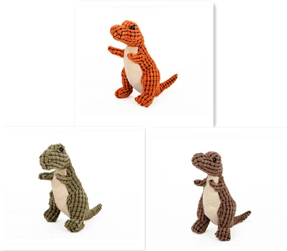 Close-up of a person squeezing a soft dinosaur squeaky dog toy in orange color.
