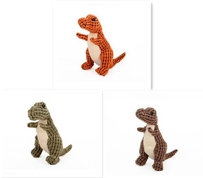 Close-up of a person squeezing a soft dinosaur squeaky dog toy in orange color.