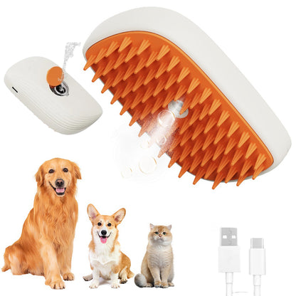 USB rechargeable steam pet grooming brush with gentle massage and comb features for cats and dogs.