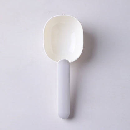  Pet food scoop designed for measuring and serving pet food, featuring a blue handle and a white scoop.