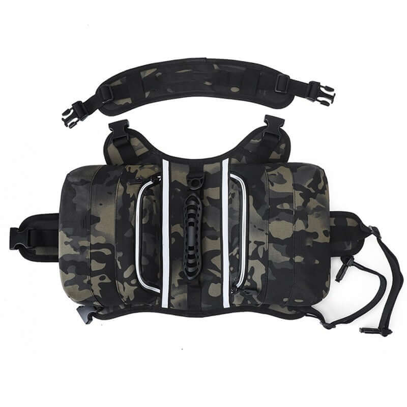 Large dog hiking backpack in night camouflage design, featuring sturdy straps and storage compartments.
