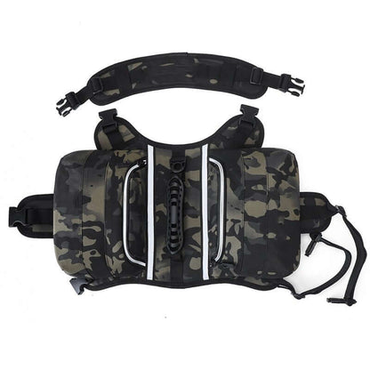 Large dog hiking backpack in night camouflage design, featuring sturdy straps and storage compartments.