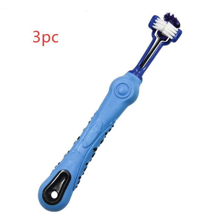 Three sided pet toothbrush set for effective dog dental care and bad breath prevention.