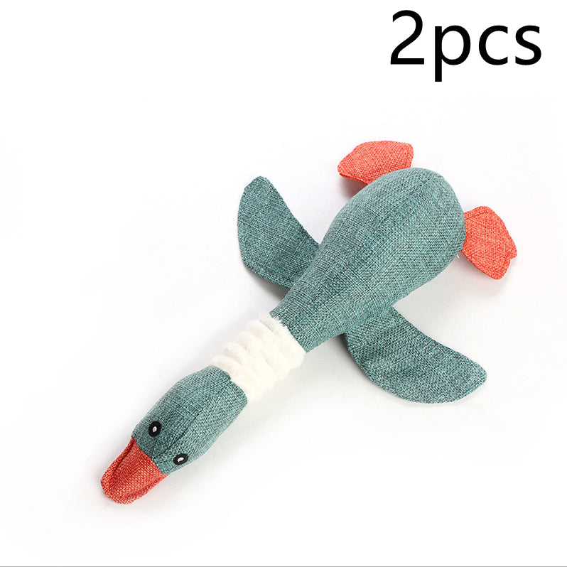 Interactive plush squeaky dog toy in brown and blue, ideal for dogs to play and cuddle.